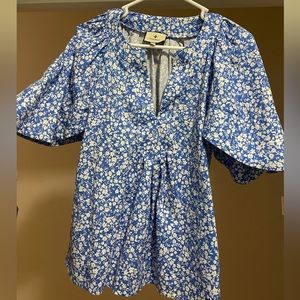 Tuckernuck Blue and White Flutter Sleeve Top